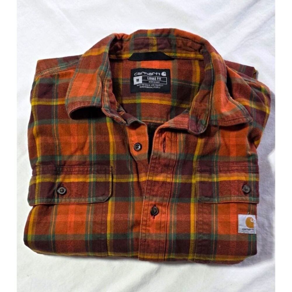 Carhartt Mens M Loose Fit Plaid Flannel Shirt Heavyweight Cotton Orange Brown